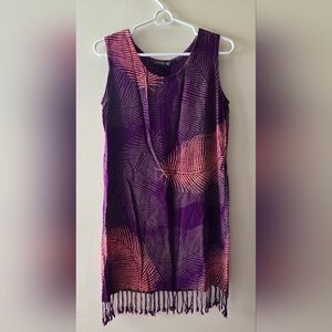 Caribelle Batik Vibrant Purple and Pink Midi Dress with Fringe Size S